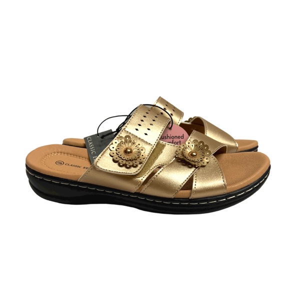 SZ 8 GOLD SANDLES WITH VELCRO ADJUSTABLE CLOSURE - Picture 3 of 7